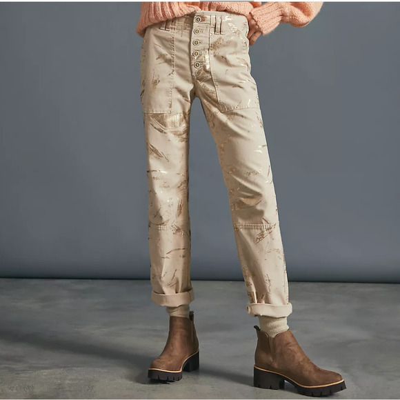 By Anthropologie The Wanderer Utility Pants in Gold Metallic Button Fly Size 28 - Picture 14 of 15